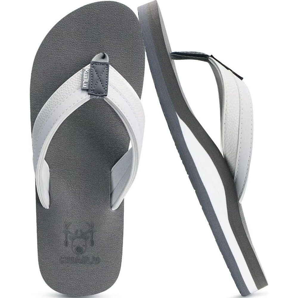 👉 Men's Flip Flop Sandal White Gray Leather Slip On Arch Support Comfort Shoes